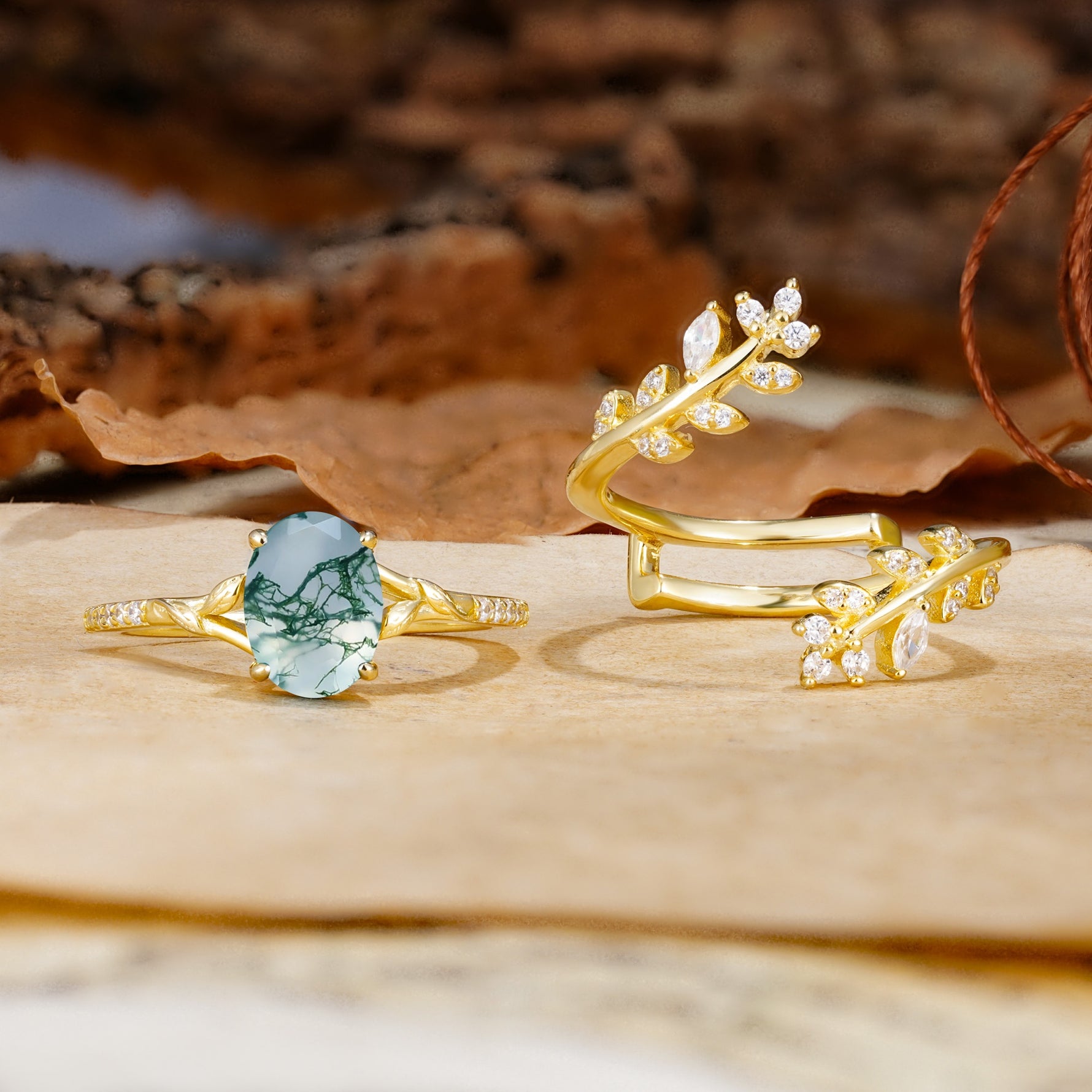 Natural Inspiration Classic Luxury Vintage 4-Prong Oval Cut Moss Agate Wedding Bride Ring Set - Additional view