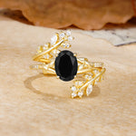 Natural Inspiration Classic Luxury Vintage 4-Prong Oval Cut Black Onyx Wedding Bride Ring Set - Yellow-Gold