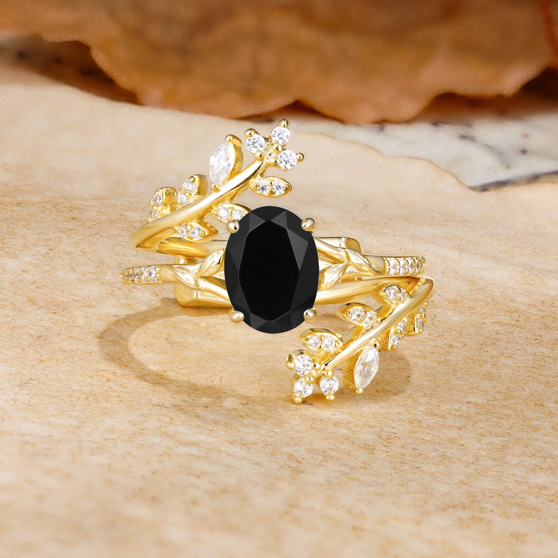 Natural Inspiration Classic Luxury Vintage 4-Prong Oval Cut Black Onyx Wedding Bride Ring Set - Yellow-Gold