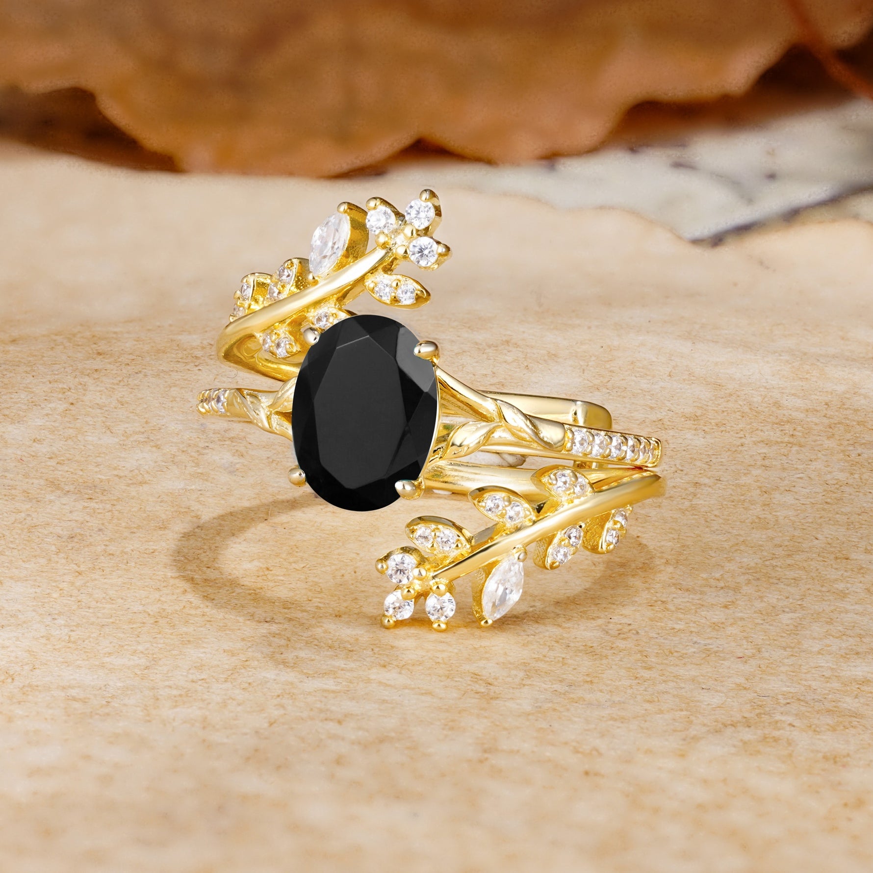 Natural Inspiration Classic Luxury Vintage 4-Prong Oval Cut Black Onyx Wedding Bride Ring Set - Rose-Gold