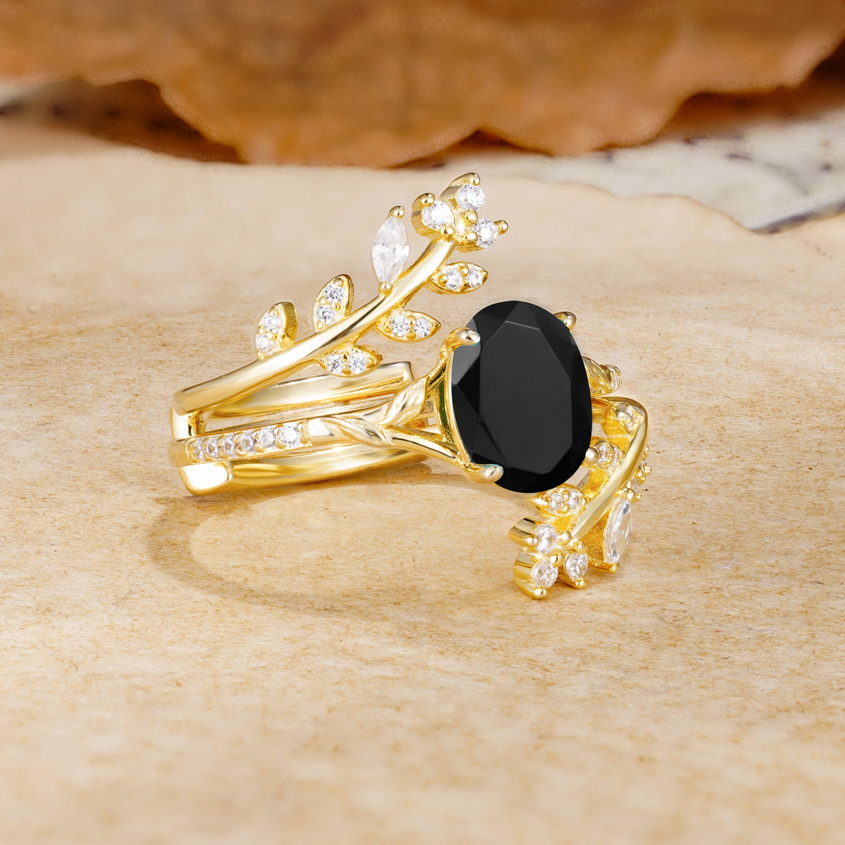 Natural Inspiration Classic Luxury Vintage 4-Prong Oval Cut Black Onyx Wedding Bride Ring Set - White-Gold