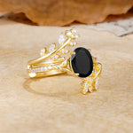 Natural Inspiration Classic Luxury Vintage 4-Prong Oval Cut Black Onyx Wedding Bride Ring Set - White-Gold