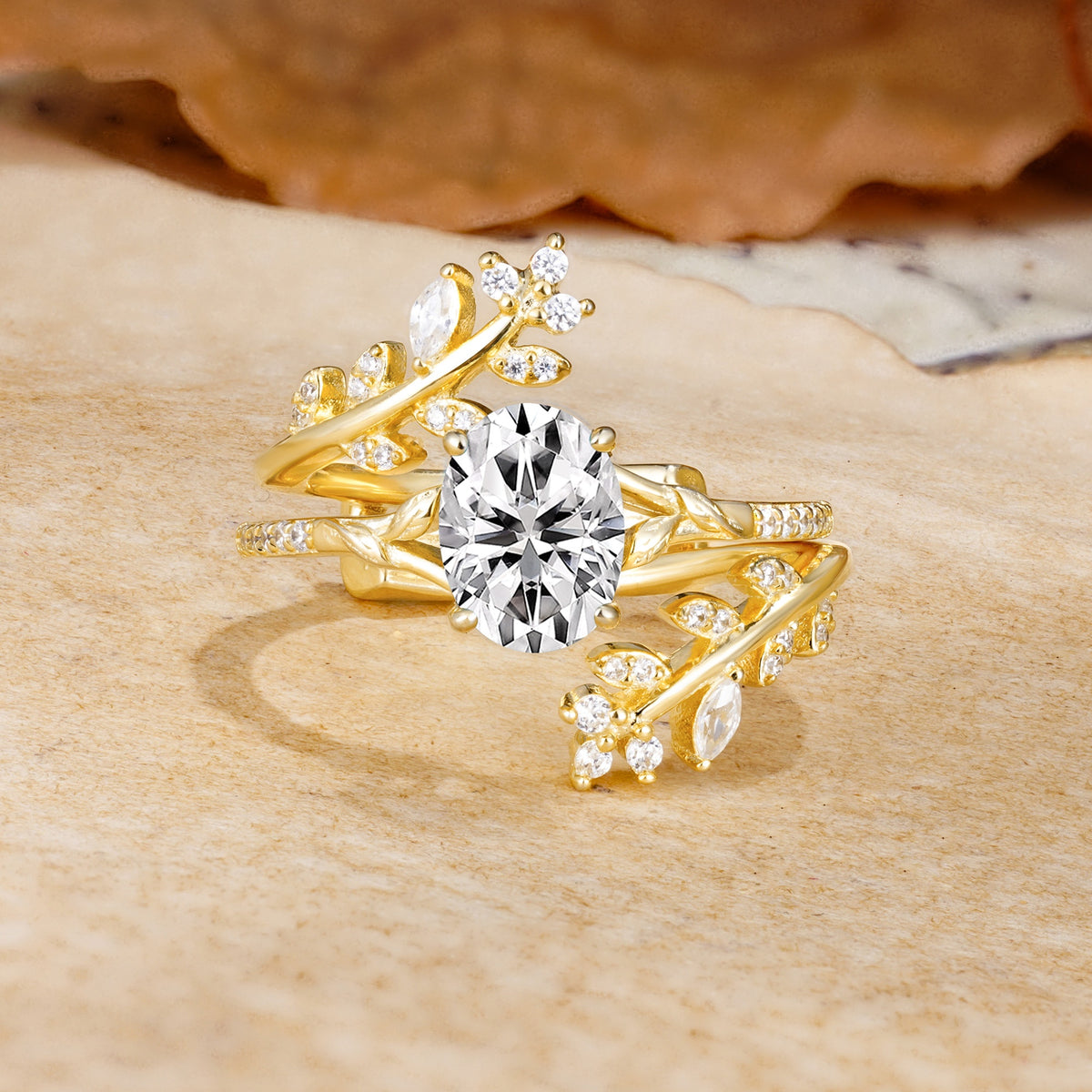 Natural Inspiration Classic Luxury Vintage 4-Prong Oval Cut Lab Diamond Wedding Bride Ring Set - Yellow-Gold