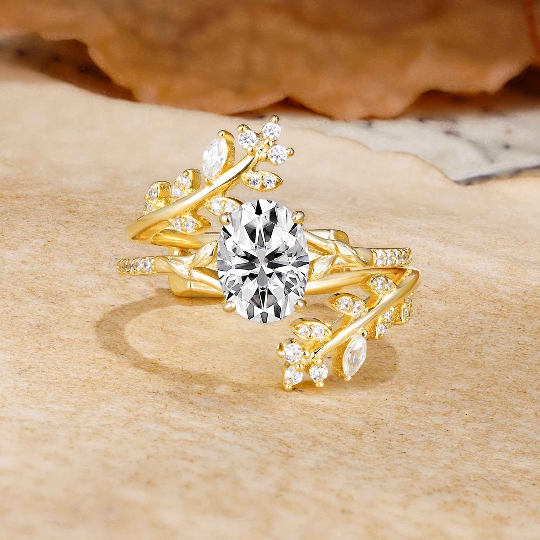 Natural Inspiration Classic Luxury Vintage 4-Prong Oval Cut Lab Diamond Wedding Bride Ring Set - Yellow-Gold