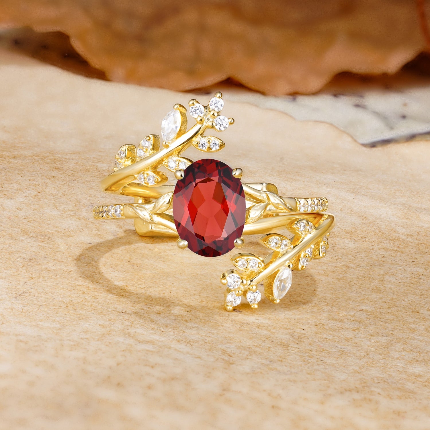 Natural Inspiration Classic Luxury Vintage 4-Prong Oval Cut Garnet Wedding Bride Ring Set - Yellow-Gold