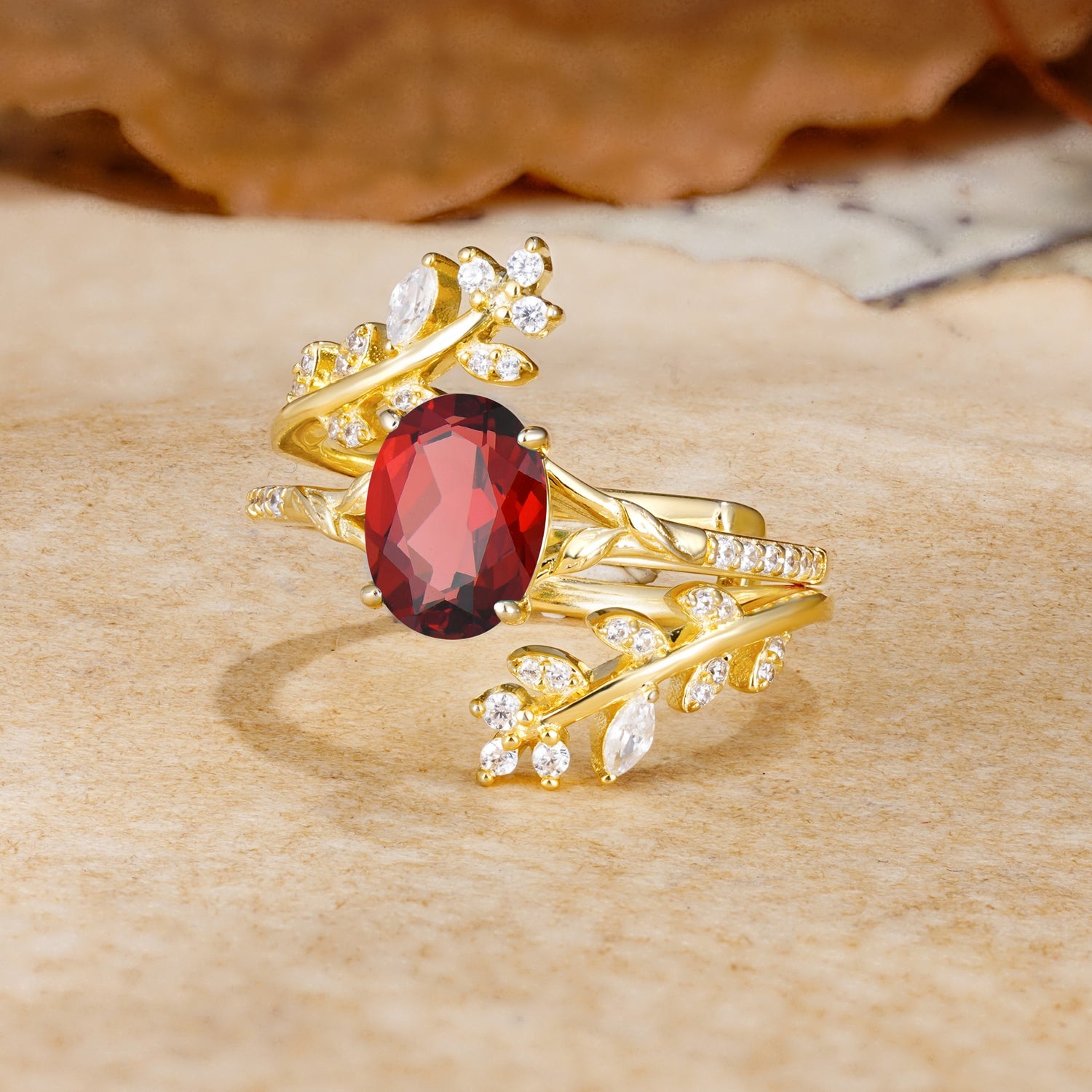 Natural Inspiration Classic Luxury Vintage 4-Prong Oval Cut Garnet Wedding Bride Ring Set - Rose-Gold