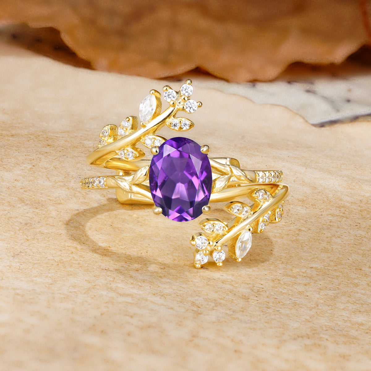 Natural Inspiration Classic Luxury Vintage 4-Prong Oval Cut Amethyst Wedding Bride Ring Set - Yellow-Gold