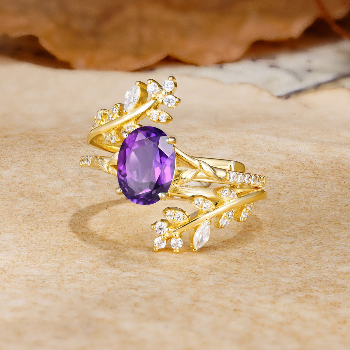 Natural Inspiration Classic Luxury Vintage 4-Prong Oval Cut Amethyst Wedding Bride Ring Set - Rose-Gold