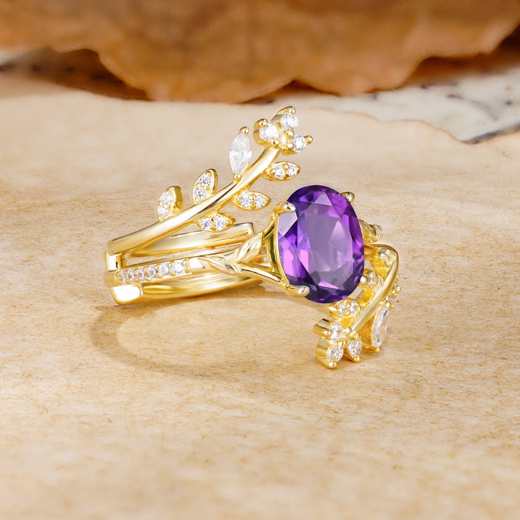 Natural Inspiration Classic Luxury Vintage 4-Prong Oval Cut Amethyst Wedding Bride Ring Set - White-Gold