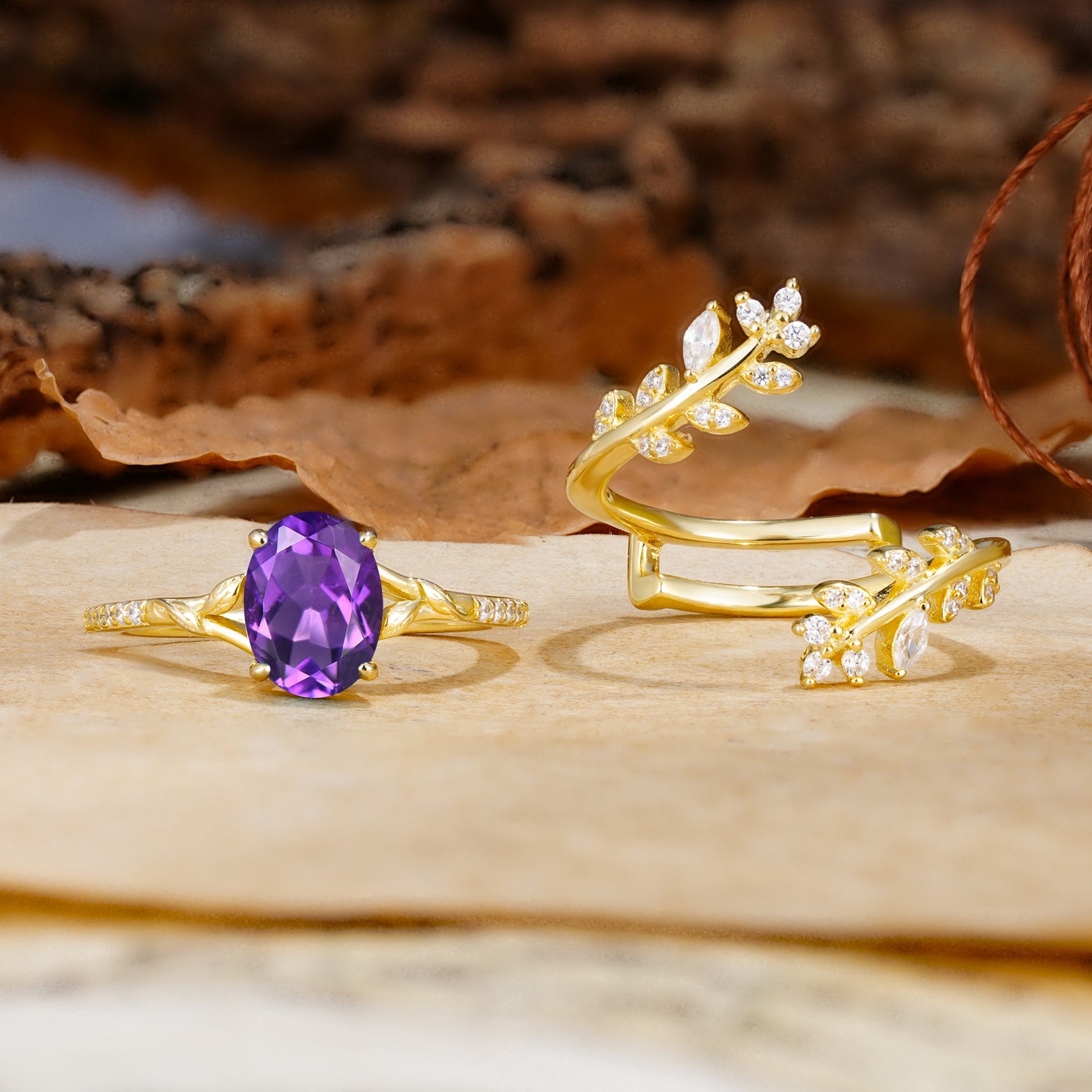 Natural Inspiration Classic Luxury Vintage 4-Prong Oval Cut Amethyst Wedding Bride Ring Set - Additional view