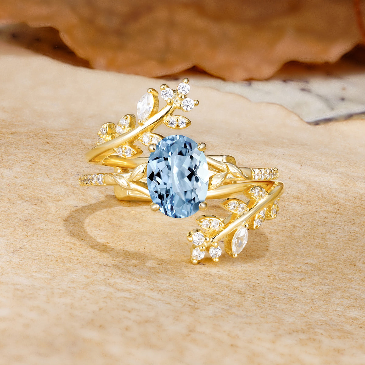 Natural Inspiration Classic Luxury Vintage 4-Prong Oval Cut Aquamarine Wedding Bride Ring Set - Yellow-Gold