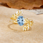 Natural Inspiration Classic Luxury Vintage 4-Prong Oval Cut Aquamarine Wedding Bride Ring Set - Yellow-Gold