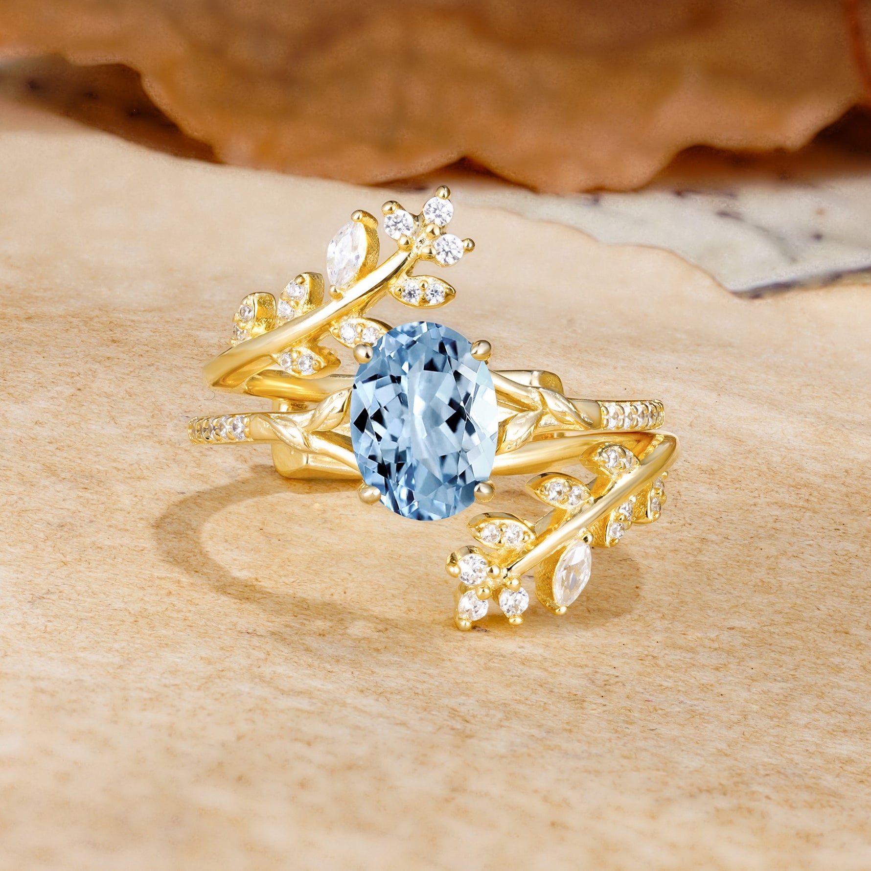 Natural Inspiration Classic Luxury Vintage 4-Prong Oval Cut Aquamarine Wedding Bride Ring Set - Yellow-Gold