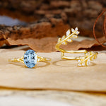 Natural Inspiration Classic Luxury Vintage 4-Prong Oval Cut Aquamarine Wedding Bride Ring Set - Additional view