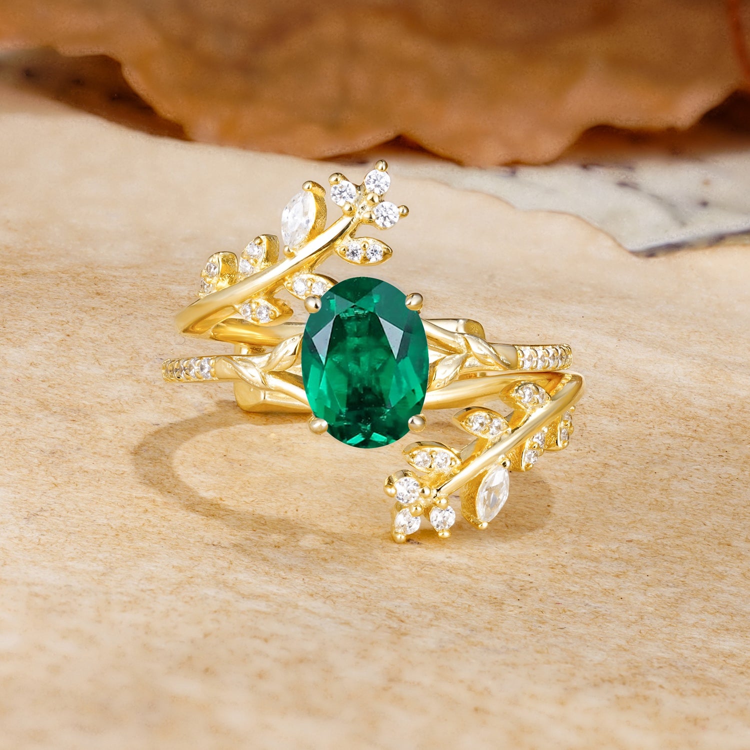Natural Inspiration Classic Luxury Vintage 4-Prong Oval Cut Emerald Wedding Bride Ring Set - Yellow-Gold