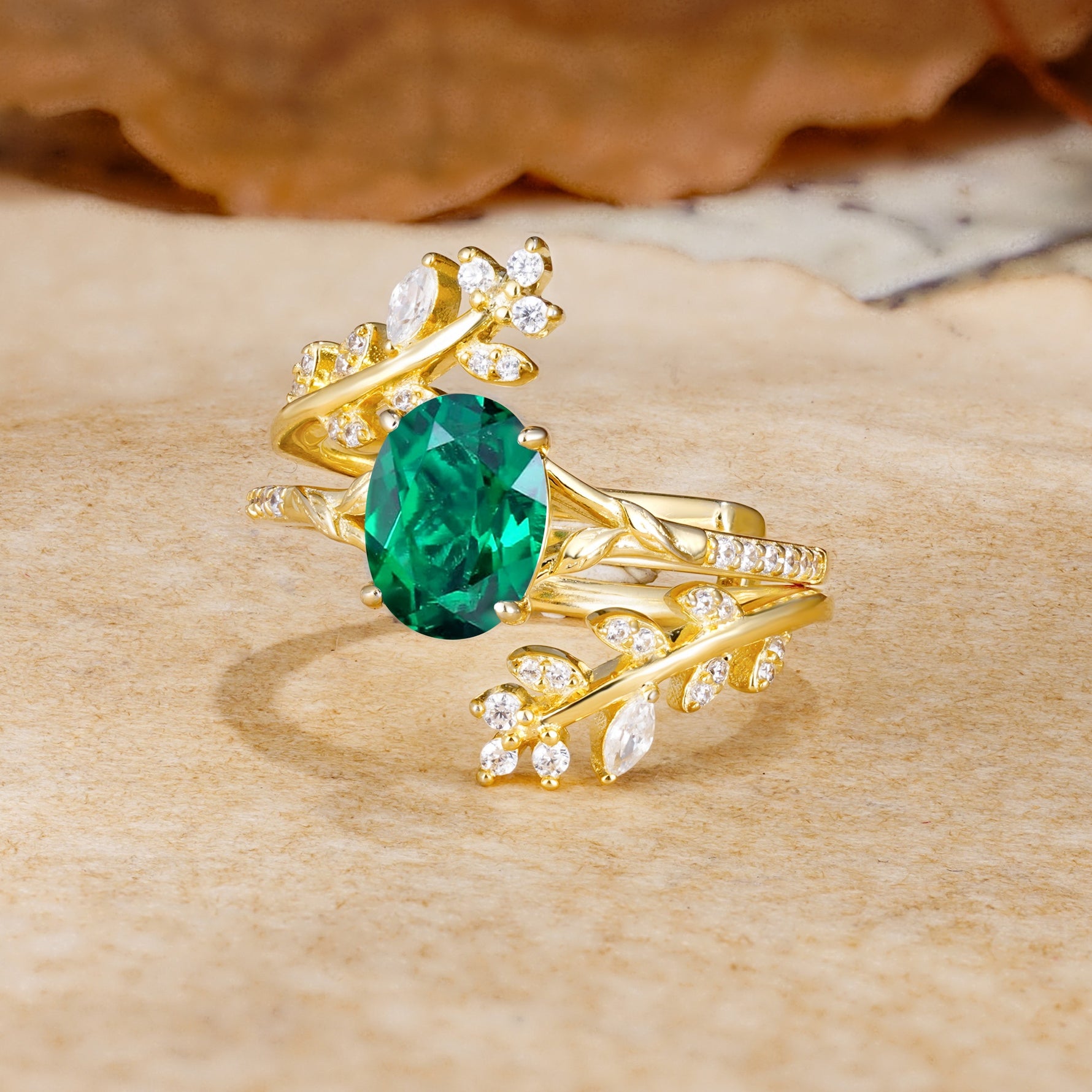 Natural Inspiration Classic Luxury Vintage 4-Prong Oval Cut Emerald Wedding Bride Ring Set - Rose-Gold