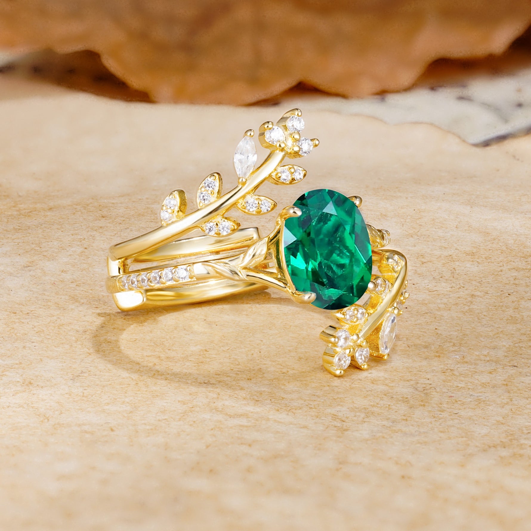 Natural Inspiration Classic Luxury Vintage 4-Prong Oval Cut Emerald Wedding Bride Ring Set - White-Gold
