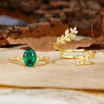 Natural Inspiration Classic Luxury Vintage 4-Prong Oval Cut Emerald Wedding Bride Ring Set - Additional view