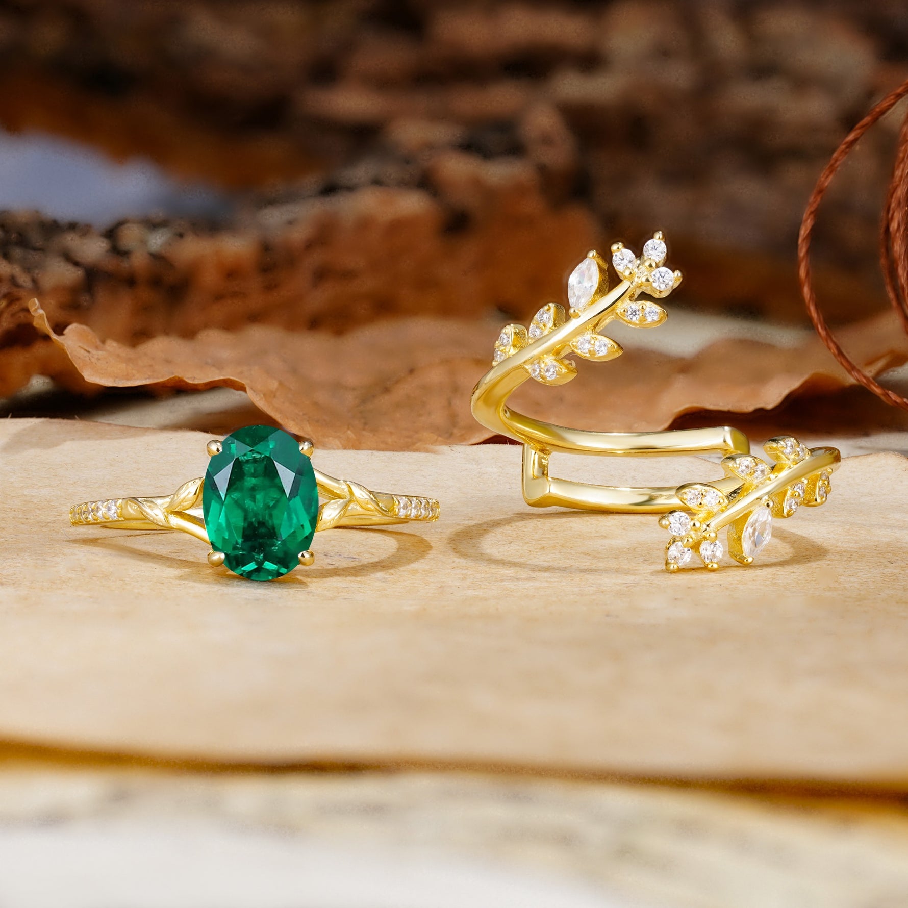 Natural Inspiration Classic Luxury Vintage 4-Prong Oval Cut Emerald Wedding Bride Ring Set - Additional view