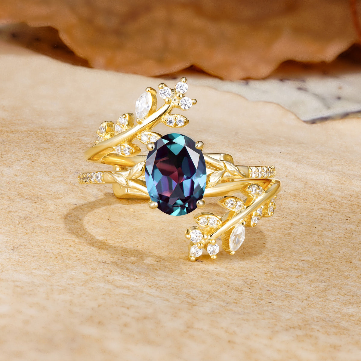 Natural Inspiration Classic Luxury Vintage 4-Prong Oval Cut Alexandrite Wedding Bride Ring Set - Yellow-Gold