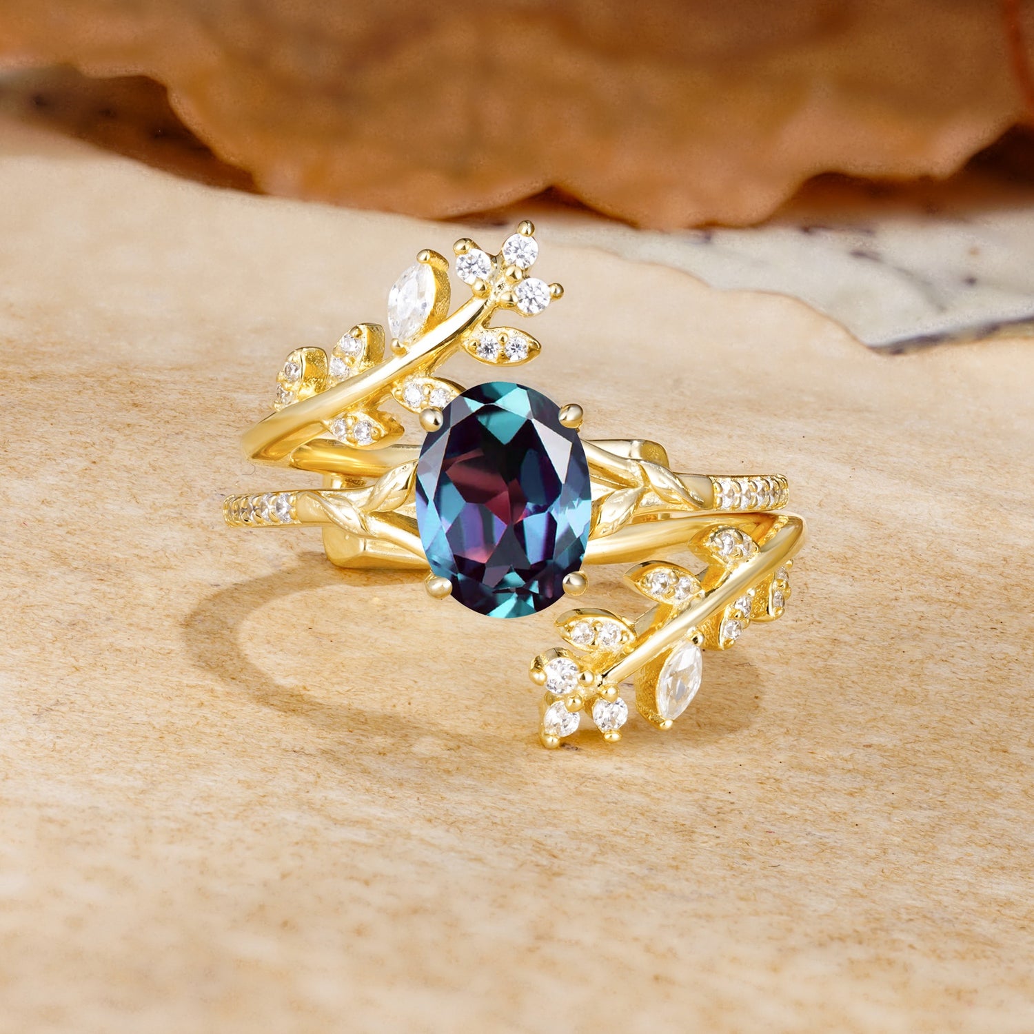 Natural Inspiration Classic Luxury Vintage 4-Prong Oval Cut Alexandrite Wedding Bride Ring Set - Yellow-Gold
