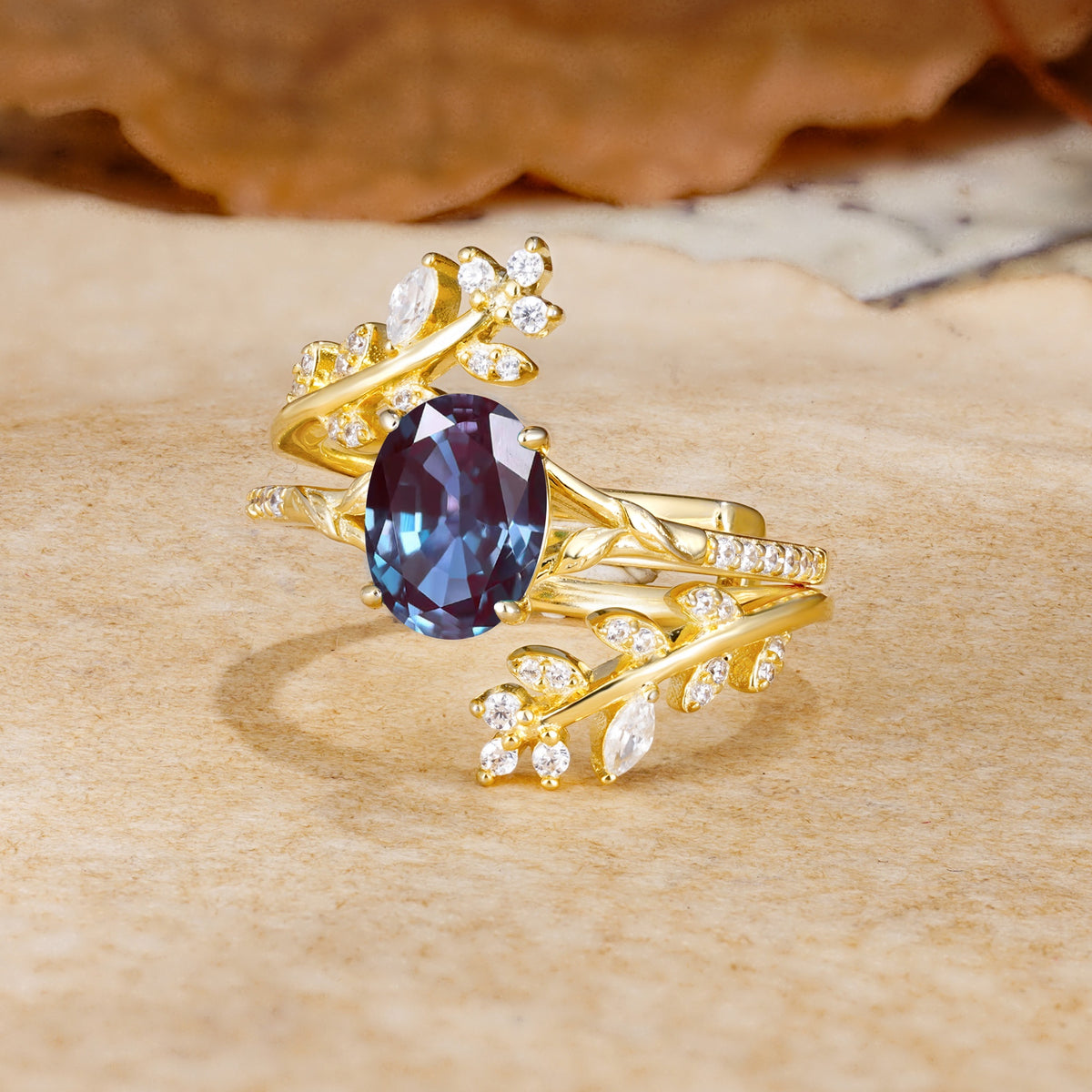 Natural Inspiration Classic Luxury Vintage 4-Prong Oval Cut Alexandrite Wedding Bride Ring Set - Rose-Gold