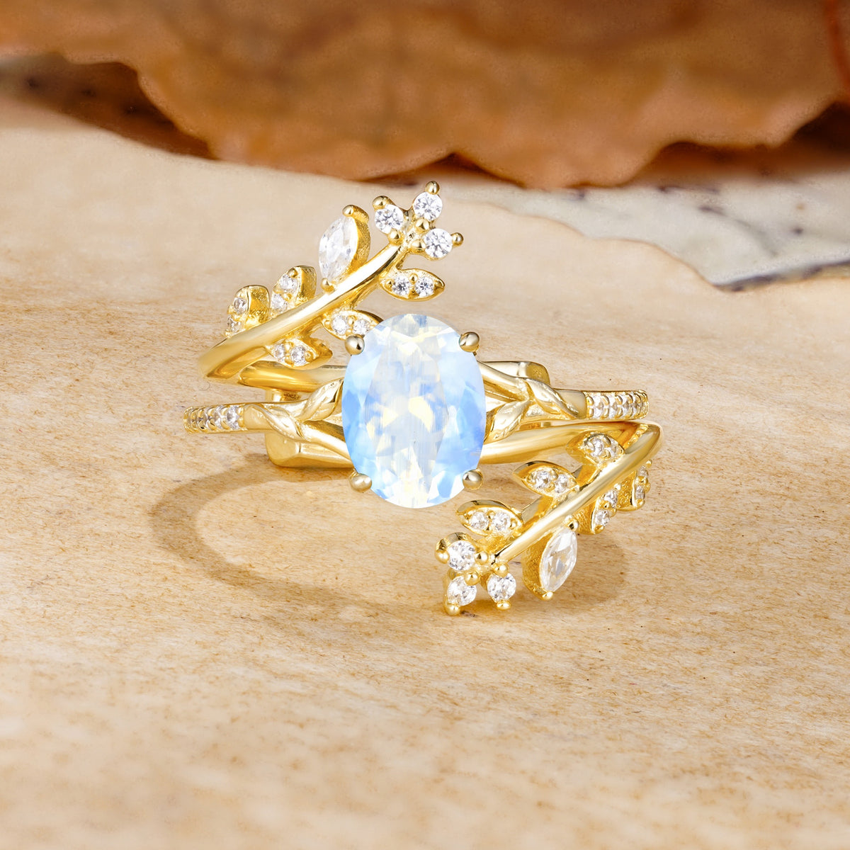 Natural Inspiration Classic Luxury Vintage 4-Prong Oval Cut Moonstone Wedding Bride Ring Set - Yellow-Gold