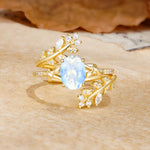 Natural Inspiration Classic Luxury Vintage 4-Prong Oval Cut Moonstone Wedding Bride Ring Set - Yellow-Gold