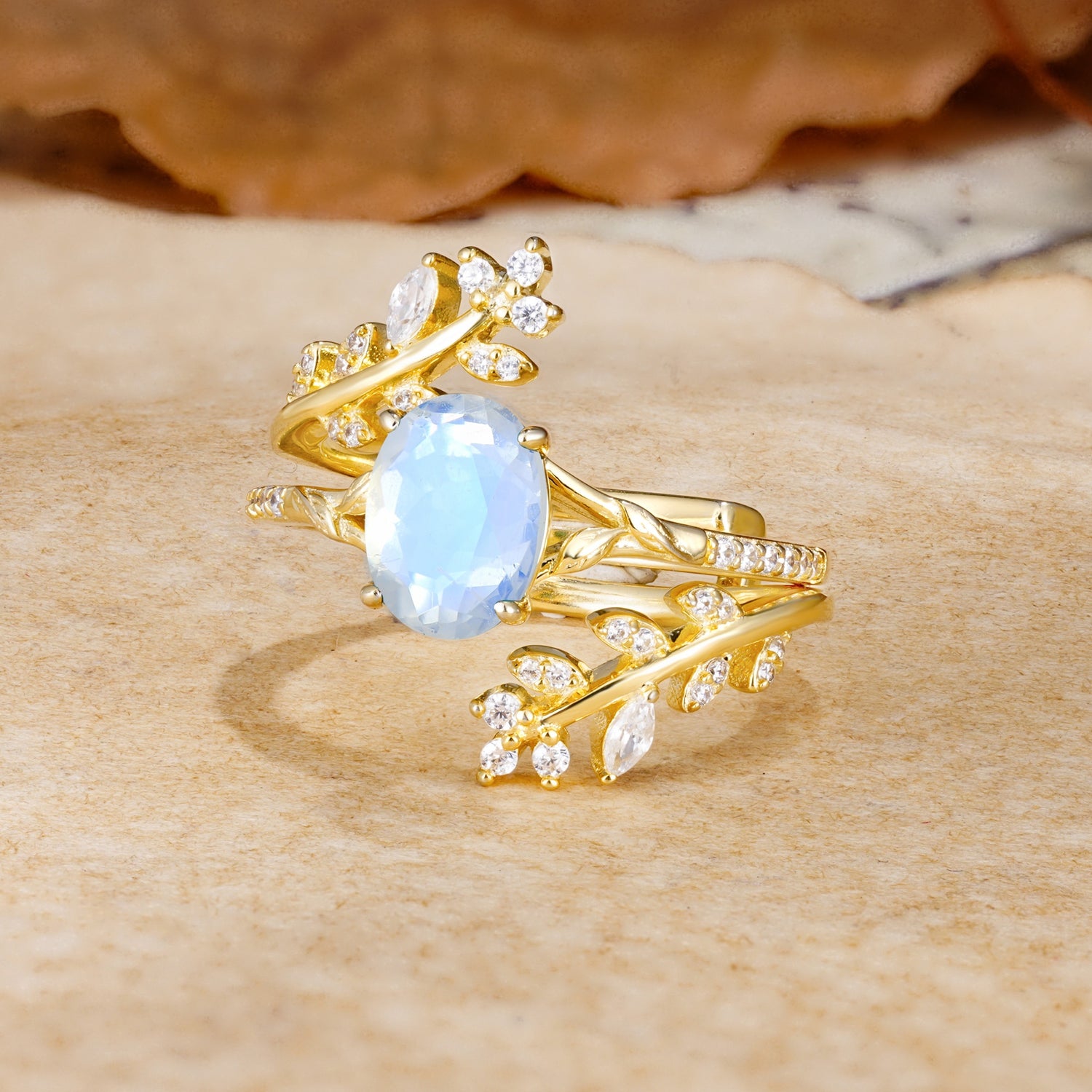 Natural Inspiration Classic Luxury Vintage 4-Prong Oval Cut Moonstone Wedding Bride Ring Set - Rose-Gold