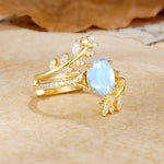 Natural Inspiration Classic Luxury Vintage 4-Prong Oval Cut Moonstone Wedding Bride Ring Set - White-Gold