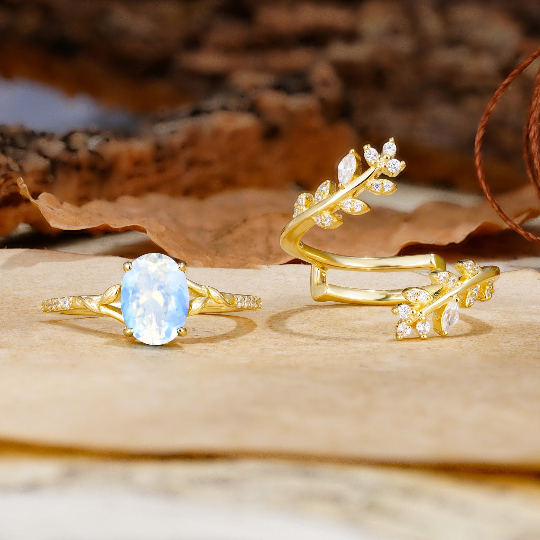 Natural Inspiration Classic Luxury Vintage 4-Prong Oval Cut Moonstone Wedding Bride Ring Set - Additional view