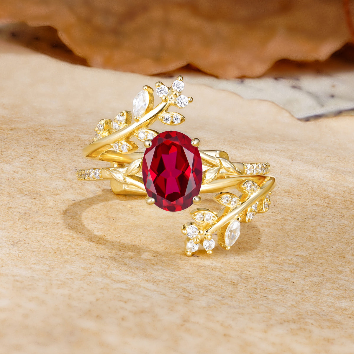 Natural Inspiration Classic Luxury Vintage 4-Prong Oval Cut Ruby Wedding Bride Ring Set - Yellow-Gold