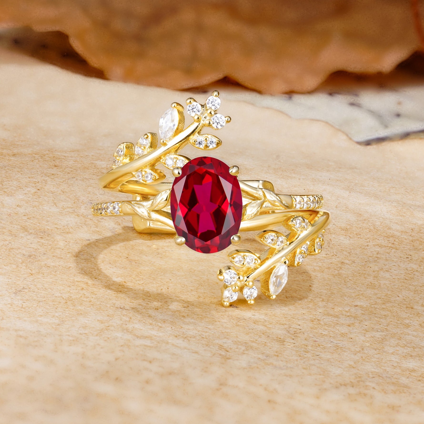 Natural Inspiration Classic Luxury Vintage 4-Prong Oval Cut Ruby Wedding Bride Ring Set - Yellow-Gold