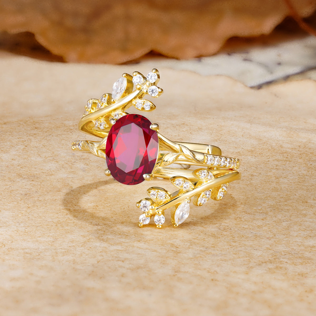 Natural Inspiration Classic Luxury Vintage 4-Prong Oval Cut Ruby Wedding Bride Ring Set - Rose-Gold