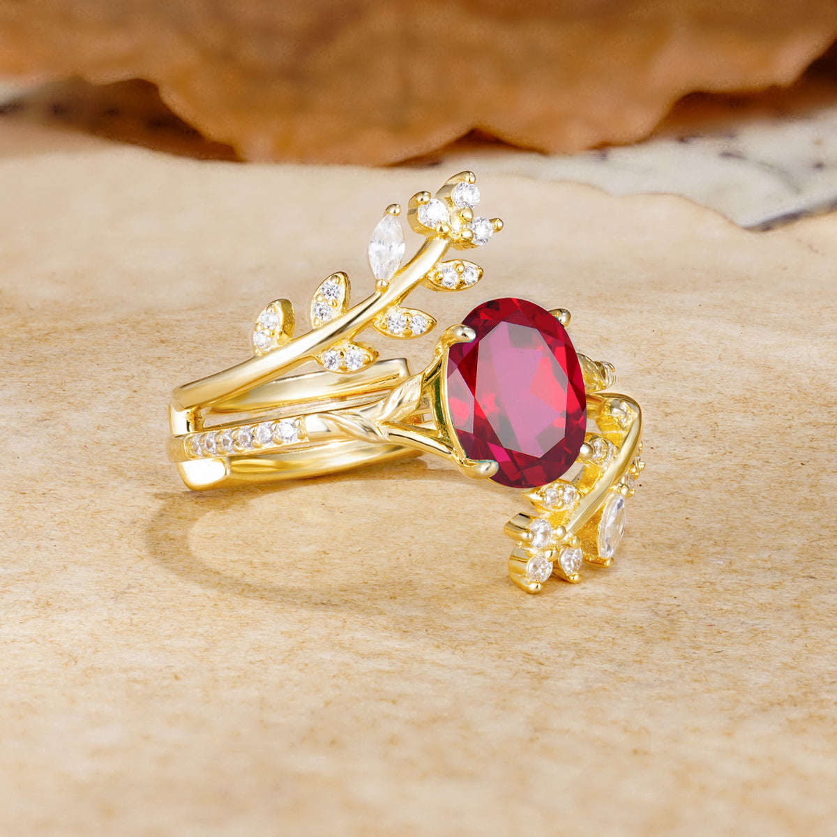 Natural Inspiration Classic Luxury Vintage 4-Prong Oval Cut Ruby Wedding Bride Ring Set - White-Gold