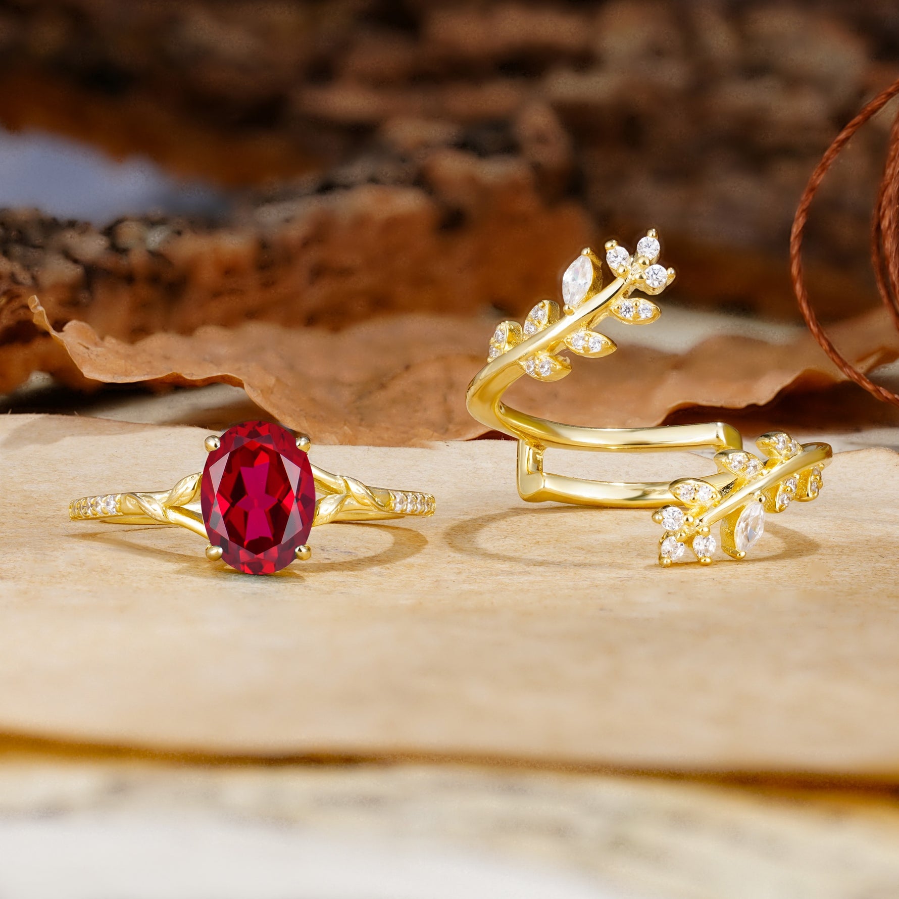 Natural Inspiration Classic Luxury Vintage 4-Prong Oval Cut Ruby Wedding Bride Ring Set - Additional view