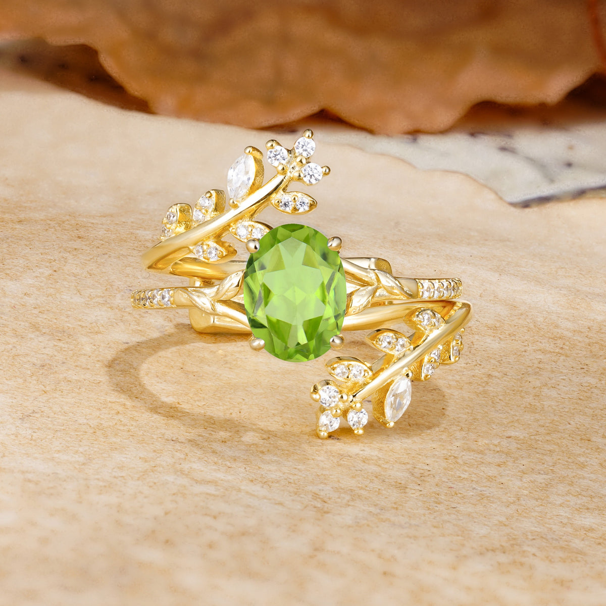 Natural Inspiration Classic Luxury Vintage 4-Prong Oval Cut Peridot Wedding Bride Ring Set - Yellow-Gold