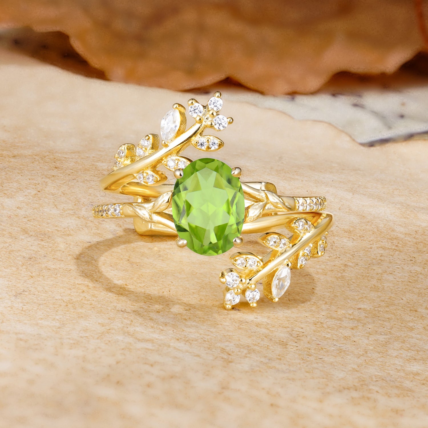 Natural Inspiration Classic Luxury Vintage 4-Prong Oval Cut Peridot Wedding Bride Ring Set - Yellow-Gold