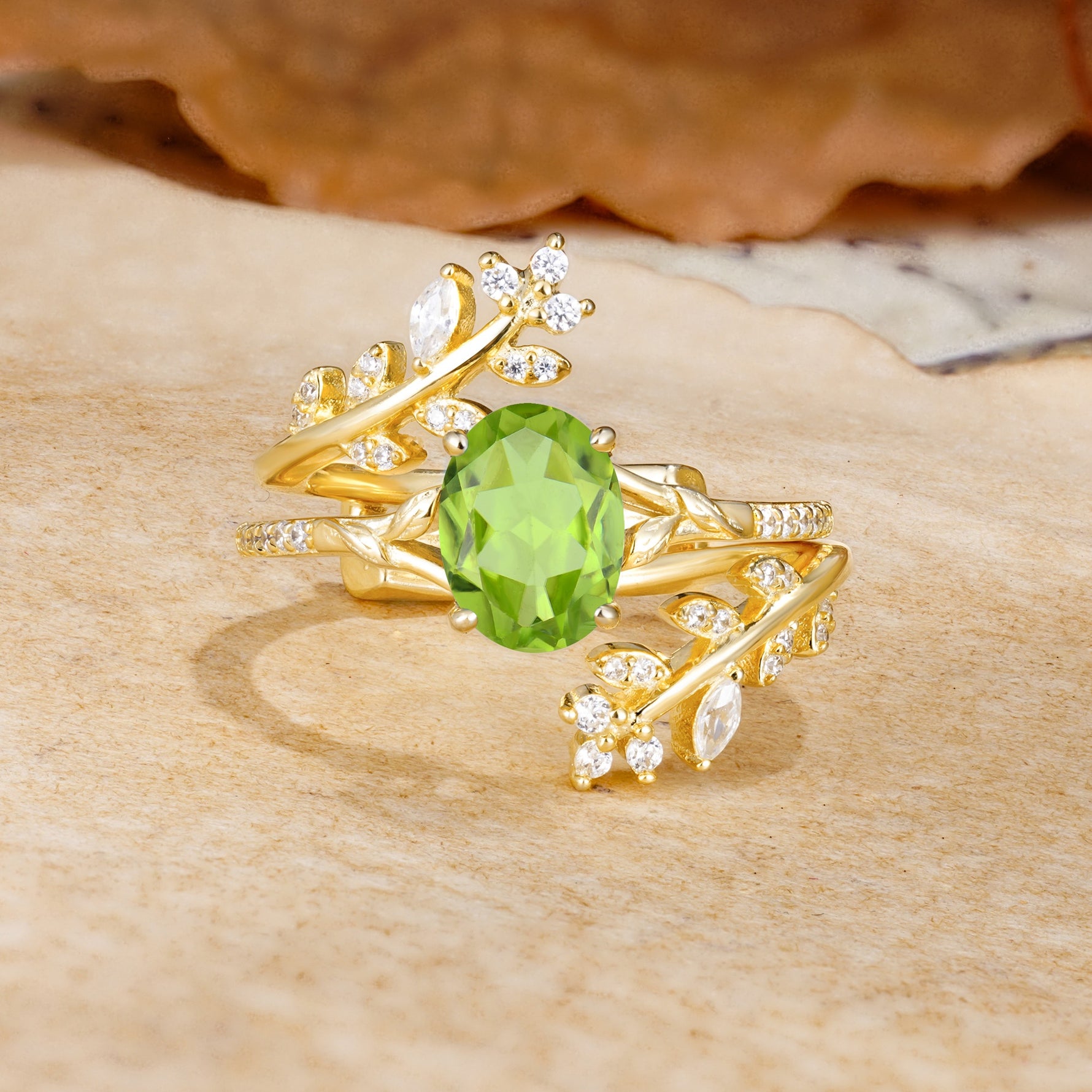 Natural Inspiration Classic Luxury Vintage 4-Prong Oval Cut Peridot Wedding Bride Ring Set - Yellow-Gold