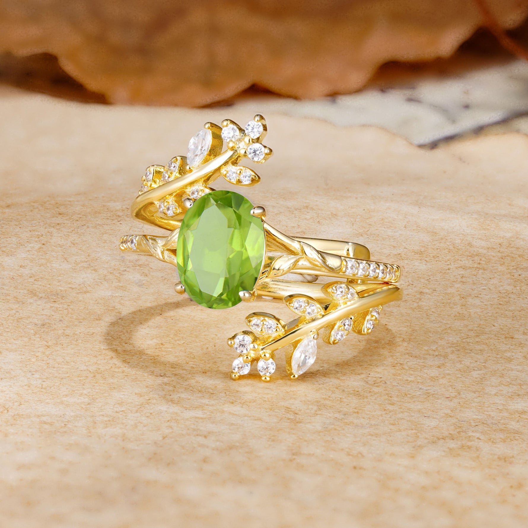 Natural Inspiration Classic Luxury Vintage 4-Prong Oval Cut Peridot Wedding Bride Ring Set - Rose-Gold