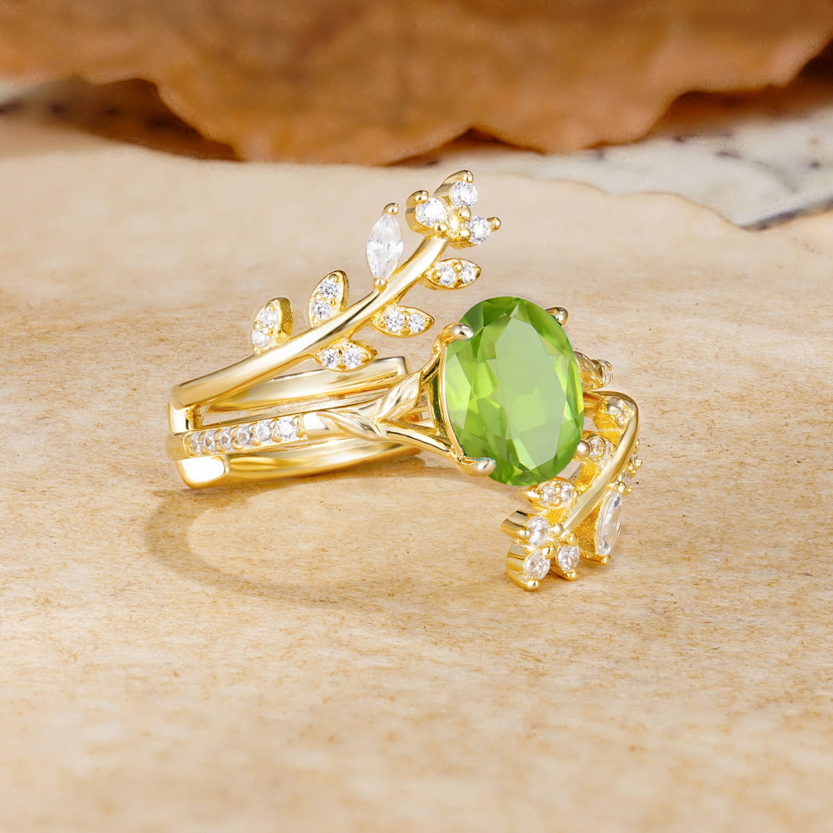 Natural Inspiration Classic Luxury Vintage 4-Prong Oval Cut Peridot Wedding Bride Ring Set - White-Gold