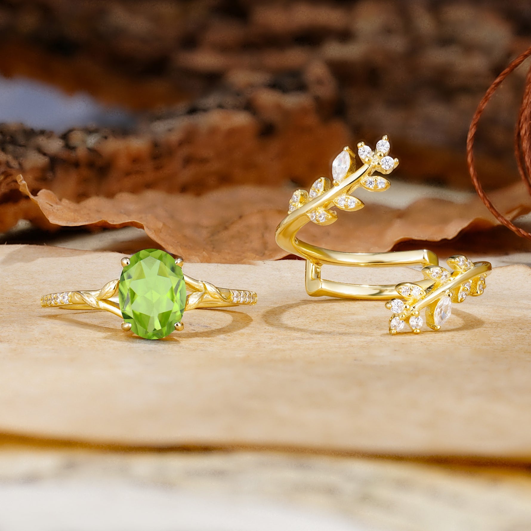Natural Inspiration Classic Luxury Vintage 4-Prong Oval Cut Peridot Wedding Bride Ring Set - Additional view