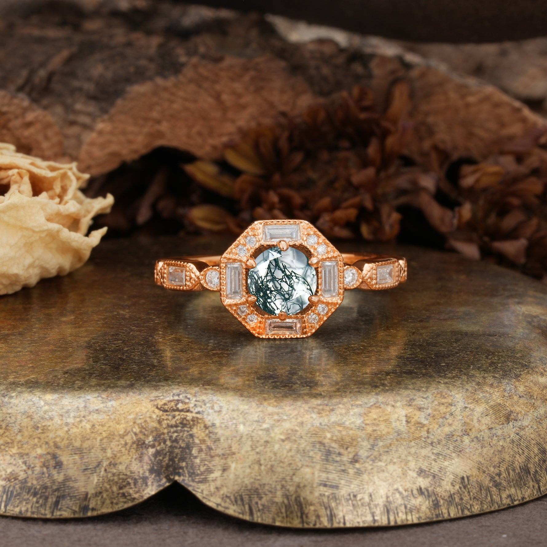 Classic Vintage Six-Prong Round-Cut Moss Agate Engagement Ring - Additional view