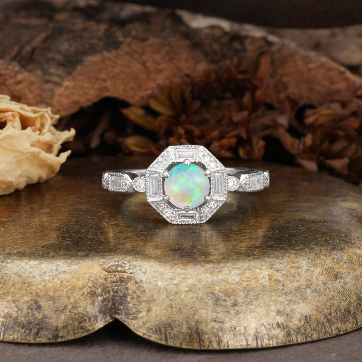 Classic Vintage Six-Prong Round-Cut Fire Opal Engagement Ring - Additional view