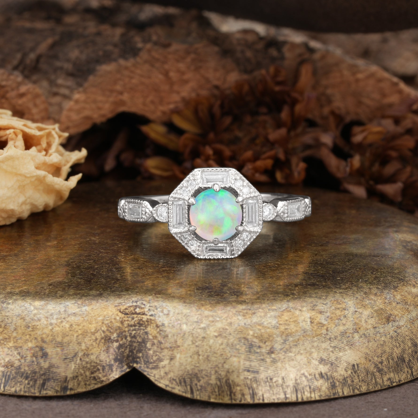 Classic Vintage Six-Prong Round-Cut Fire Opal Engagement Ring - Additional view
