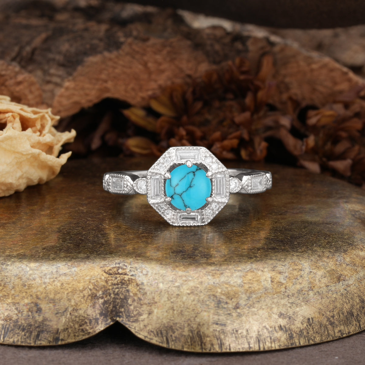 Classic Vintage Six-Prong Round-Cut Turquoise Engagement Ring - Additional view