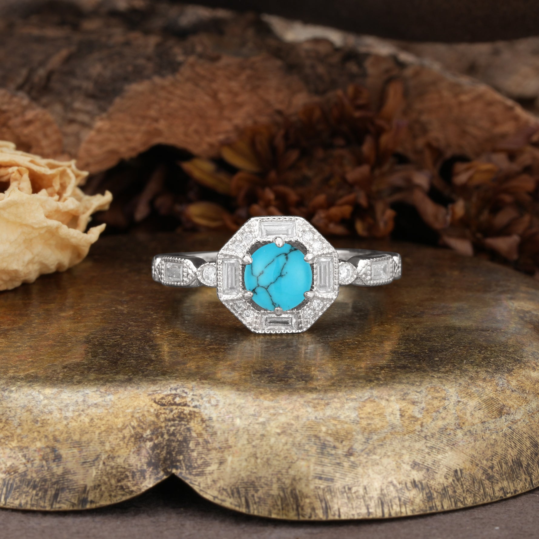 Classic Vintage Six-Prong Round-Cut Turquoise Engagement Ring - Additional view