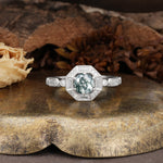 Classic Vintage Six-Prong Round-Cut Moss Agate Engagement Ring - Additional view