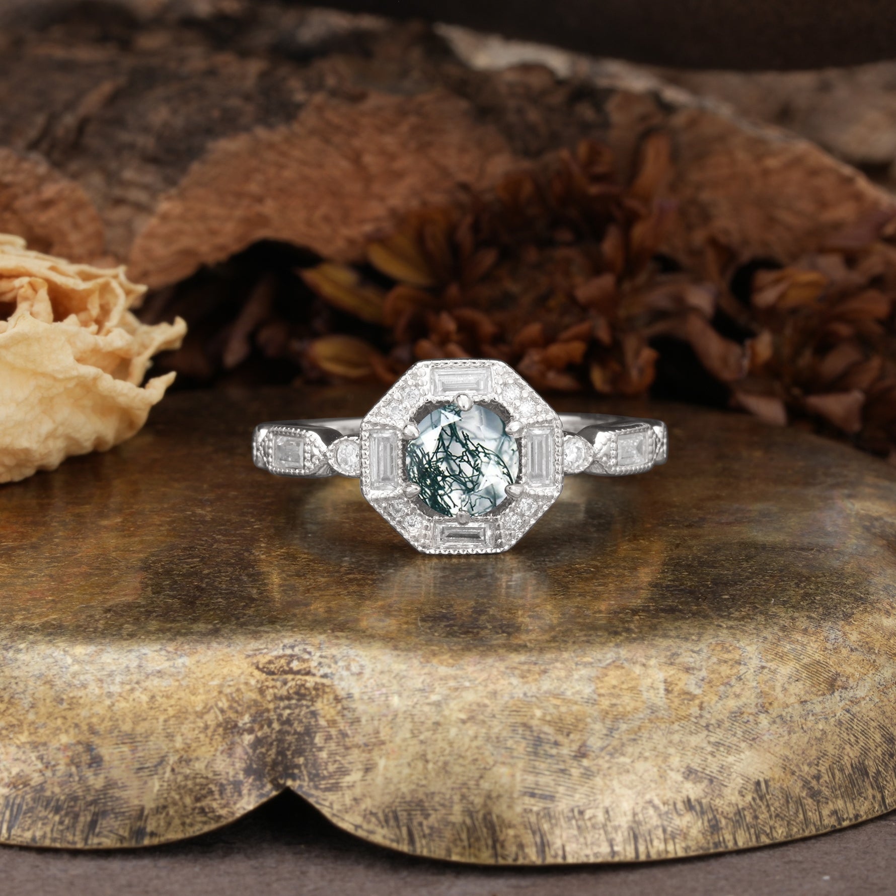 Classic Vintage Six-Prong Round-Cut Moss Agate Engagement Ring - Additional view