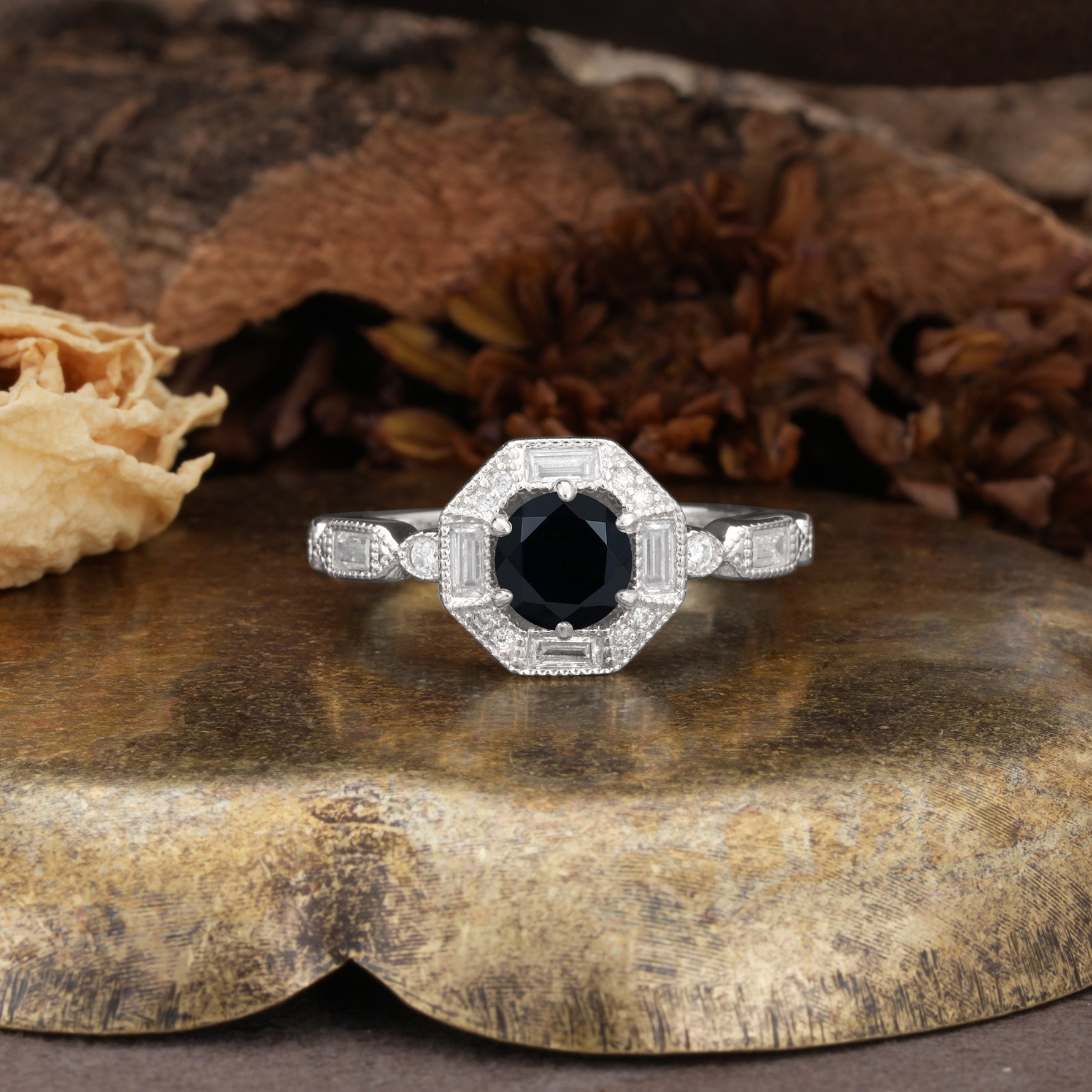 Classic Vintage Six-Prong Round-Cut Black Onyx Engagement Ring - Additional view